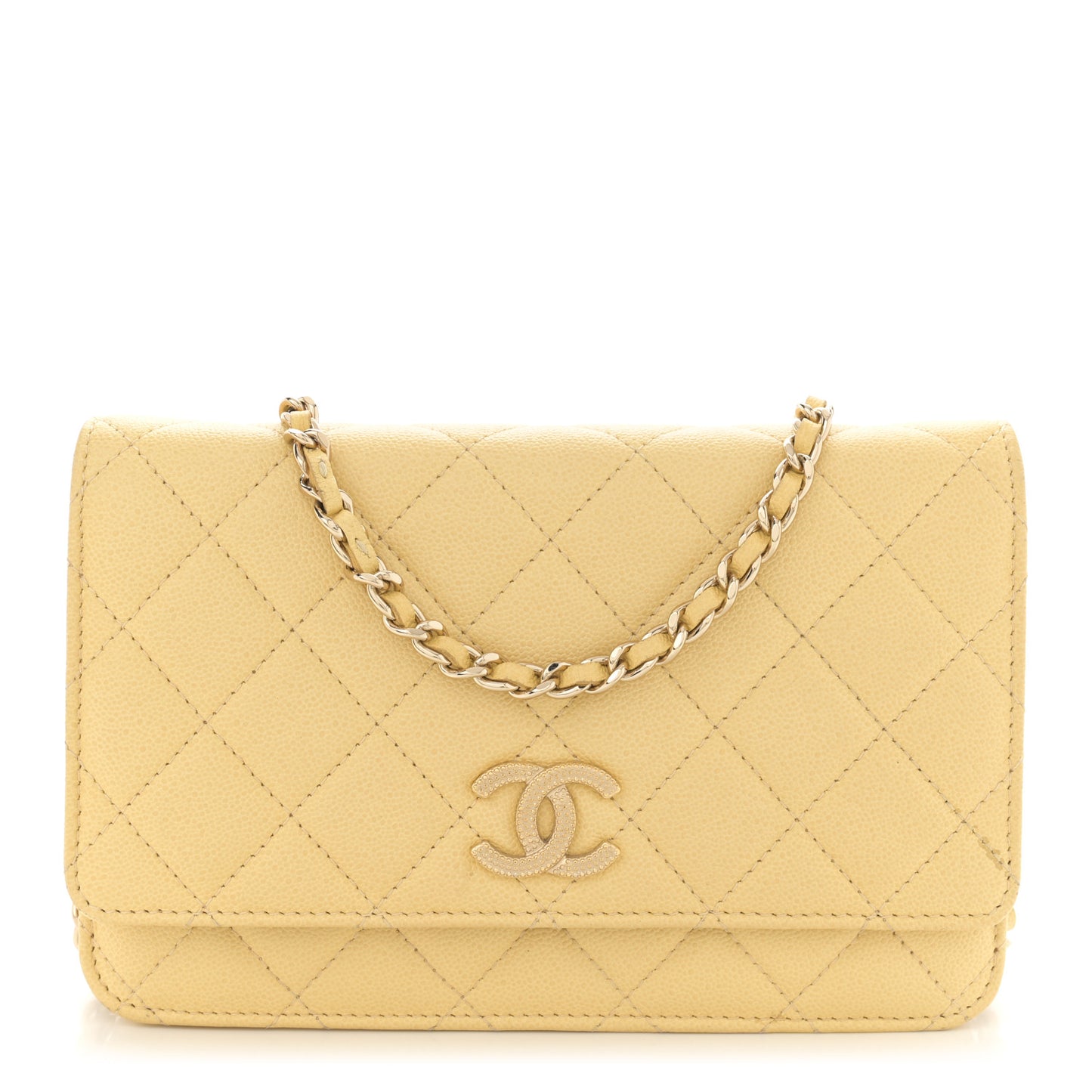 Caviar Quilted Studded CC Wallet on Chain WOC Yellow