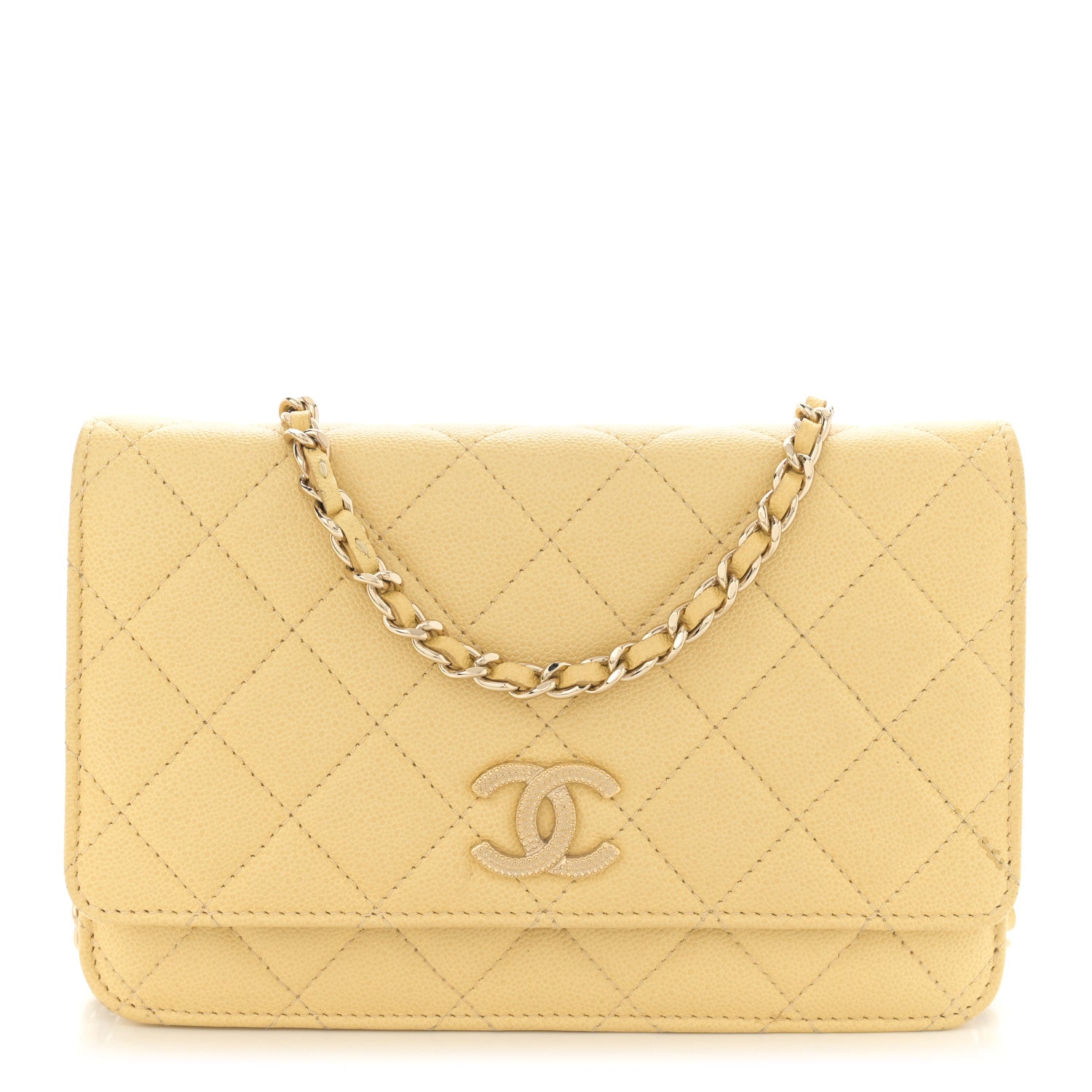 Chanel Caviar Quilted Studded CC Wallet on Chain WOC Yellow 1 of 15
