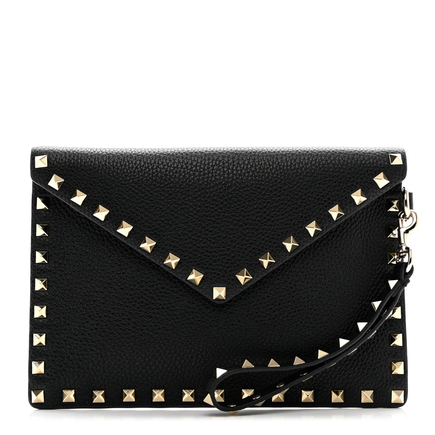 Pebbled Calfskin Medium Rockstud Envelope Flat Wristlet Pouch Black