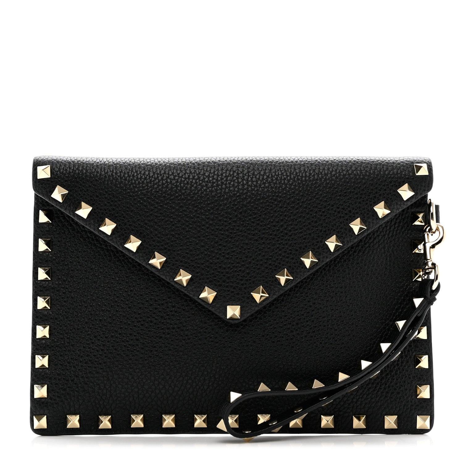 Valentino Garavani Pebbled Calfskin Medium Rockstud Envelope Flat Wristlet Pouch Black 1 of 6