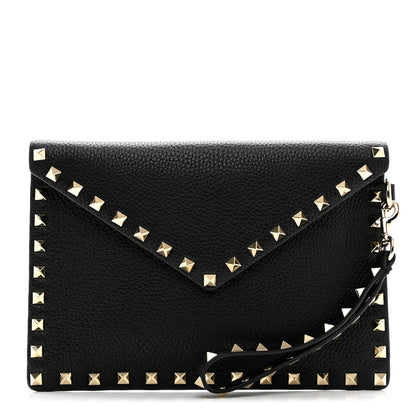 Valentino Garavani Pebbled Calfskin Medium Rockstud Envelope Flat Wristlet Pouch Black 1 of 6