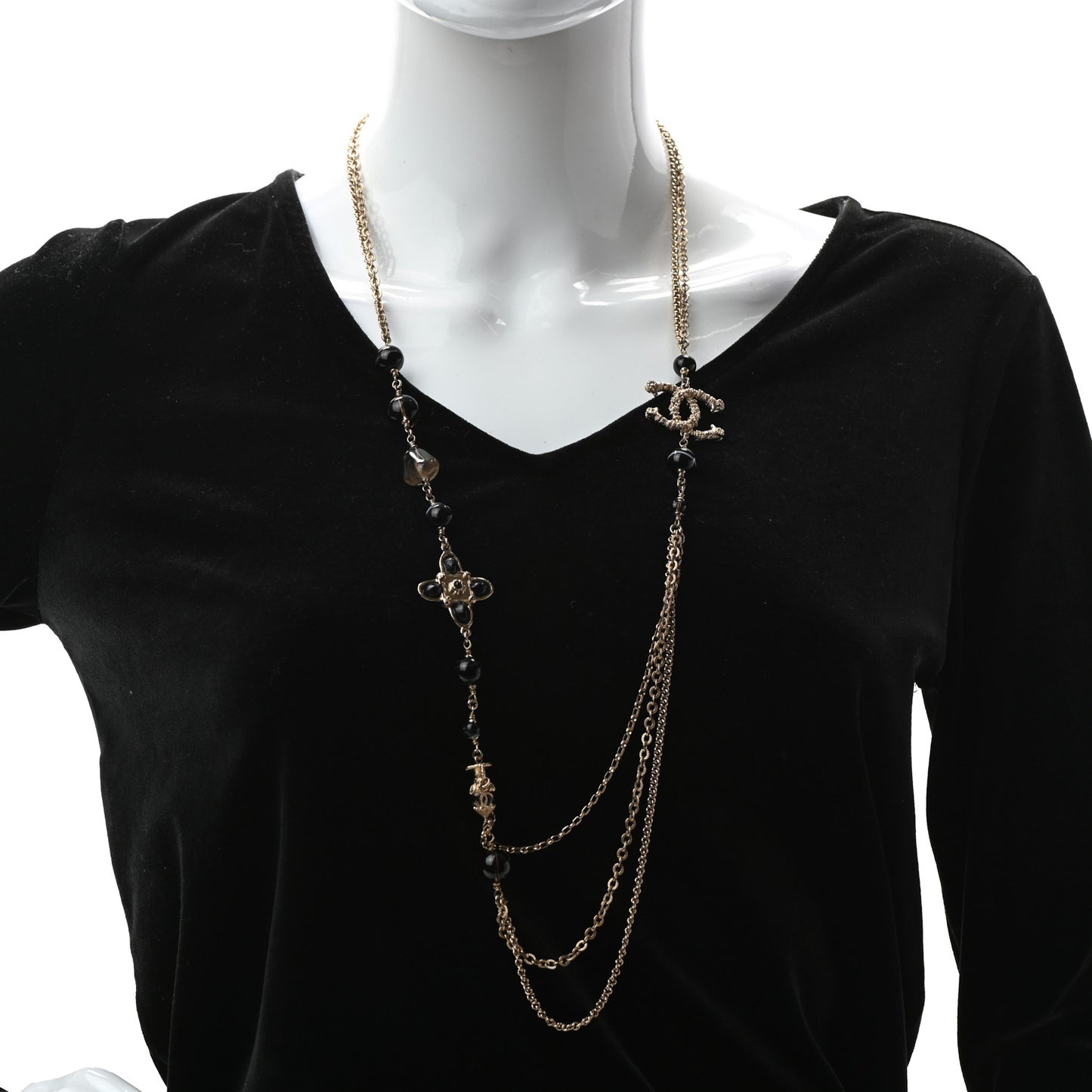 Beaded CC Long Necklace Gold Black