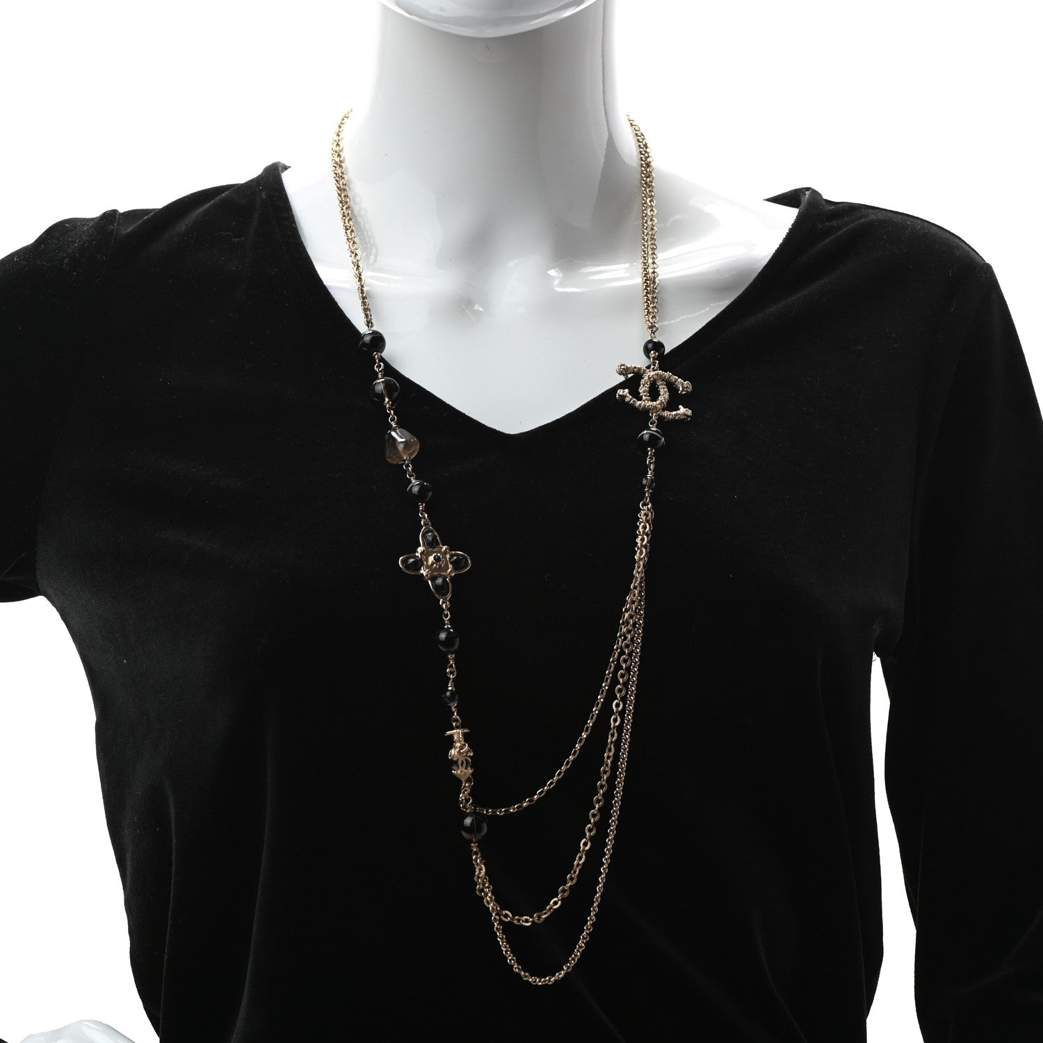 Chanel Beaded CC Long Necklace Gold Black 2 of 5