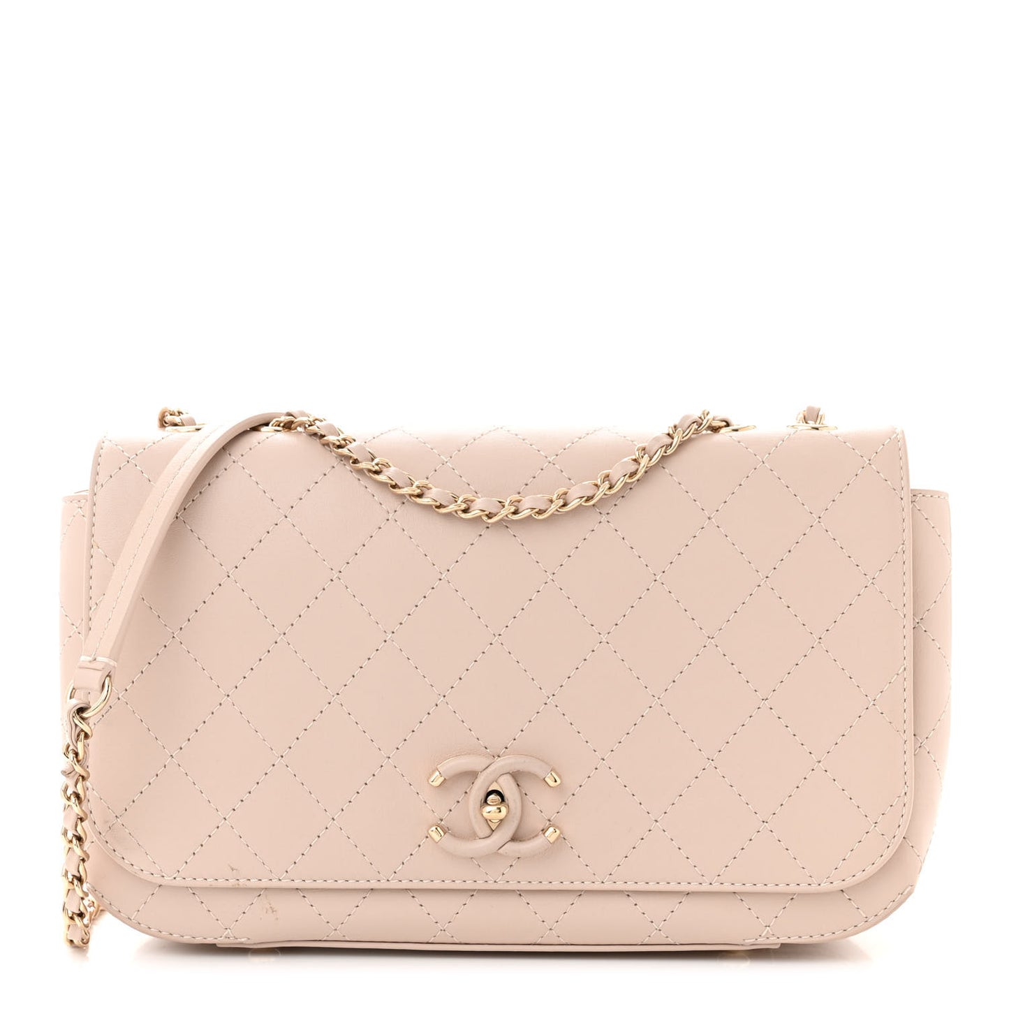 Calfskin Stitched Medium Covered CC Flap Bag Light Pink