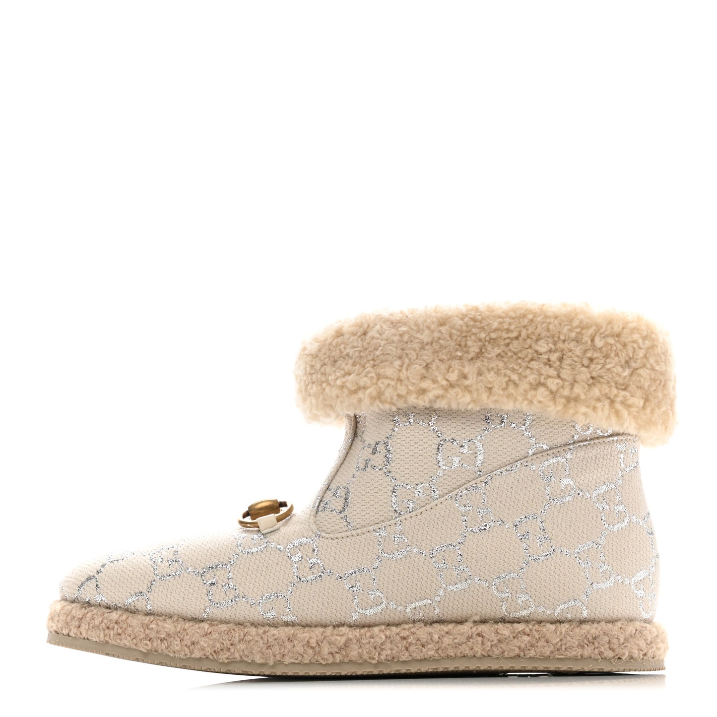 Canvas Wool Lame GG Monogram Womens Fria Horsebit Ankle Boots 36 Gardenia Silver Butterscotch