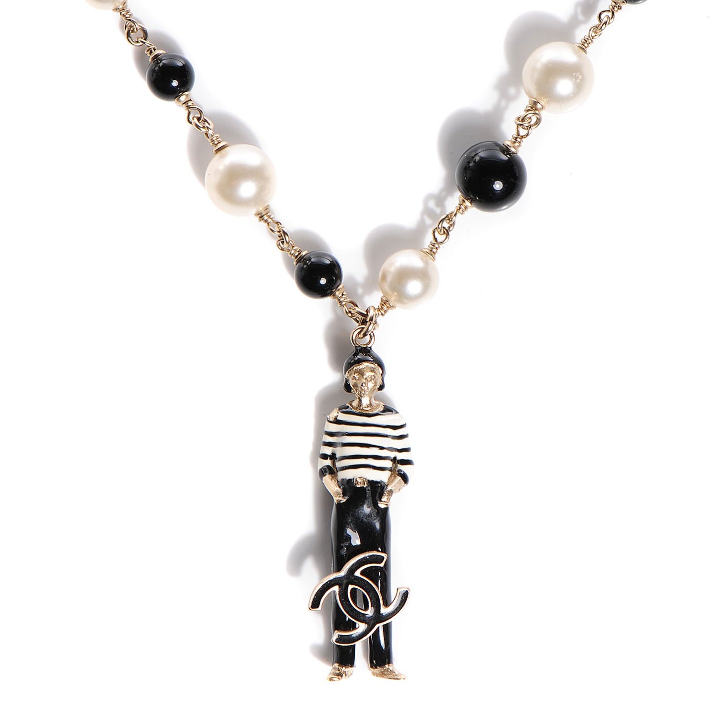 Pearl Coco Charm Pendant Necklace Black Gold