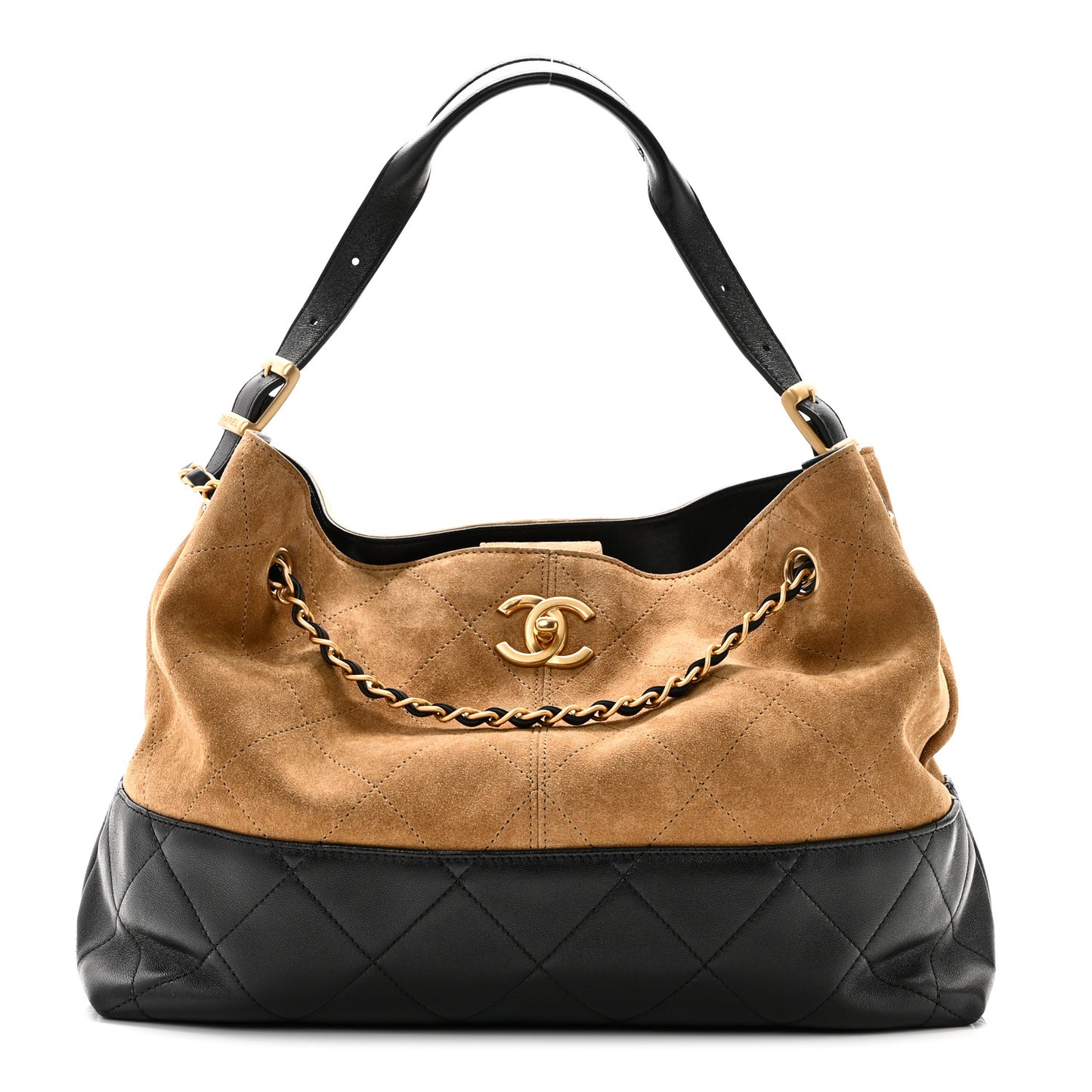 Suede Calfskin Shiny Lambskin Quilted Small Coco Base Shopping Bag Beige Black