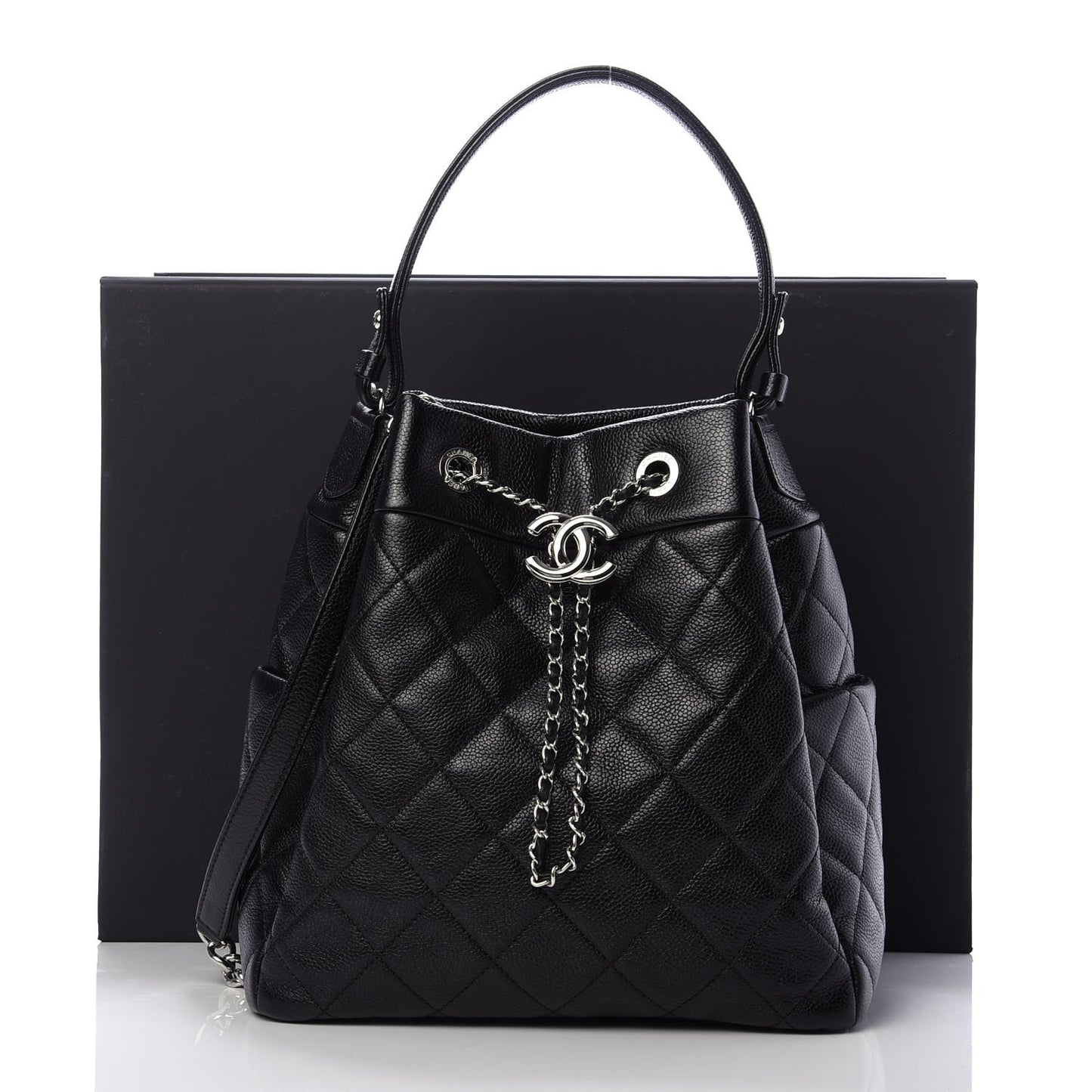 Caviar Quilted Small Chain Bucket Bag Black
