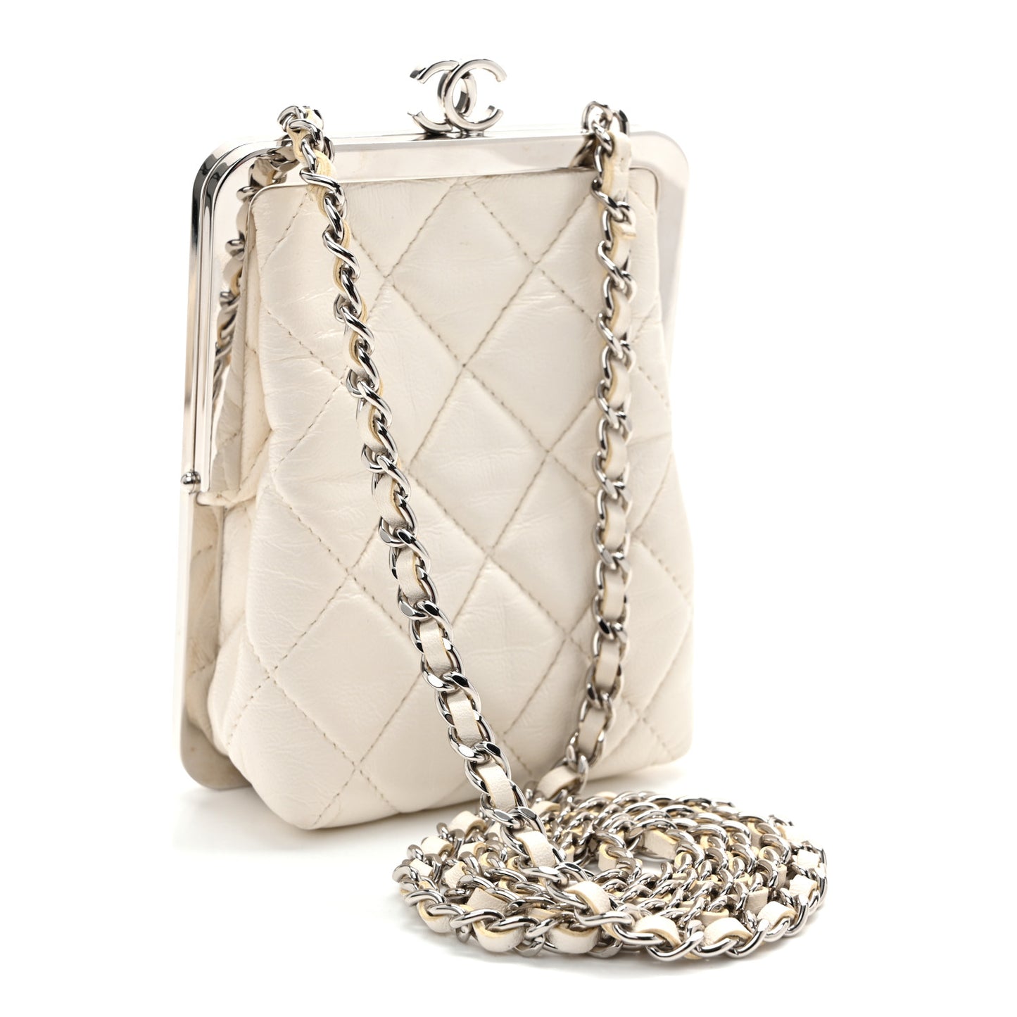 Lambskin Plexi Quilted CC Evening Clutch With Chain White