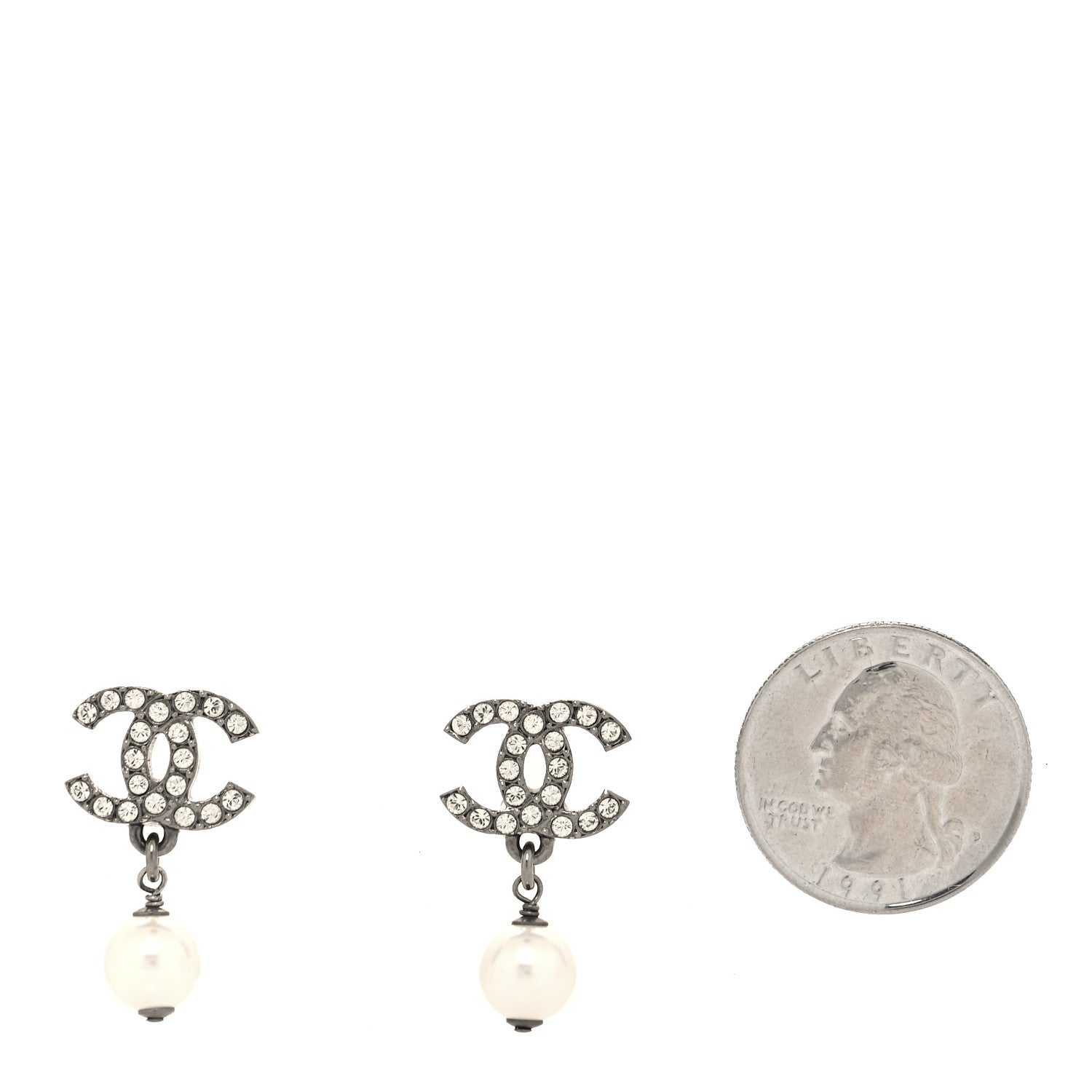Chanel Crystal Pearl CC Drop Earrings Ruthenium 2 of 4