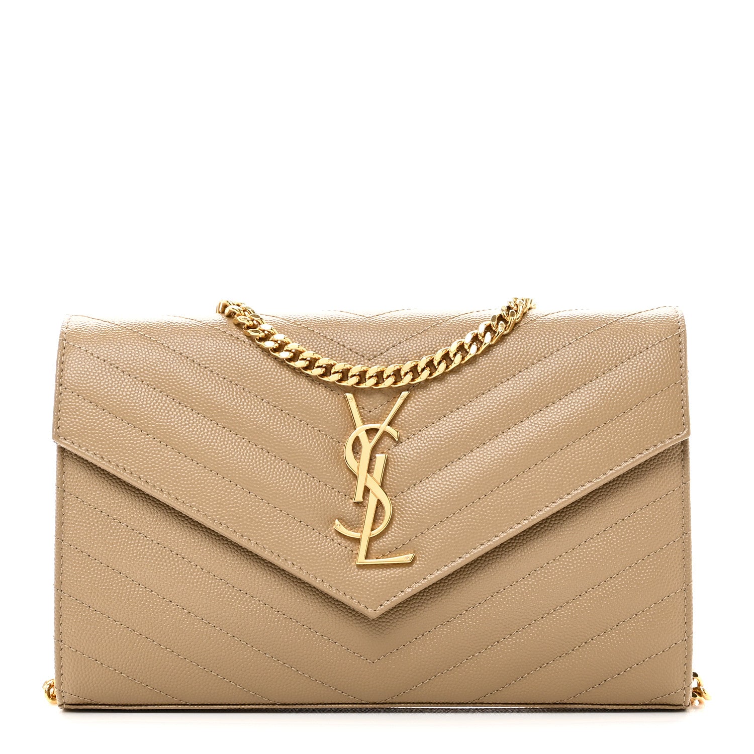 Saint Laurent Grain De Poudre Matelasse Chevron Monogram Chain Wallet Dark Latte 1 of 10