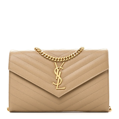 Saint Laurent Grain De Poudre Matelasse Chevron Monogram Chain Wallet Dark Latte 1 of 10