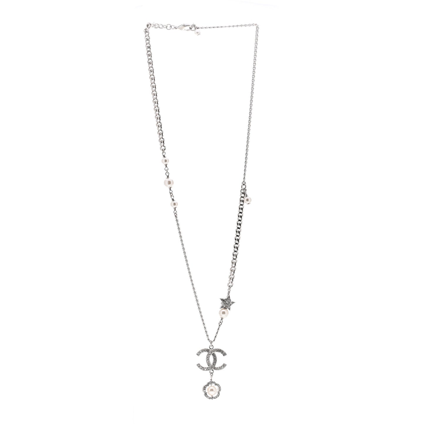 Crystal Pearl CC Star Necklace Silver