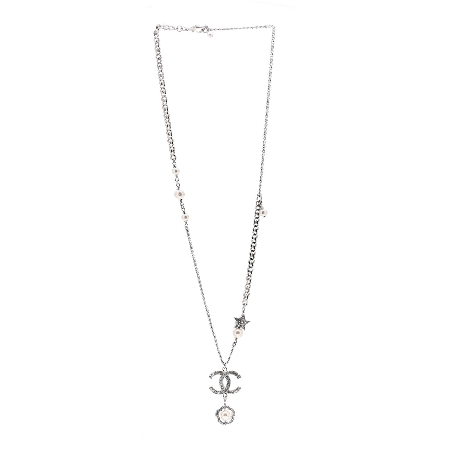 Chanel Crystal Pearl CC Star Necklace Silver 2 of 3