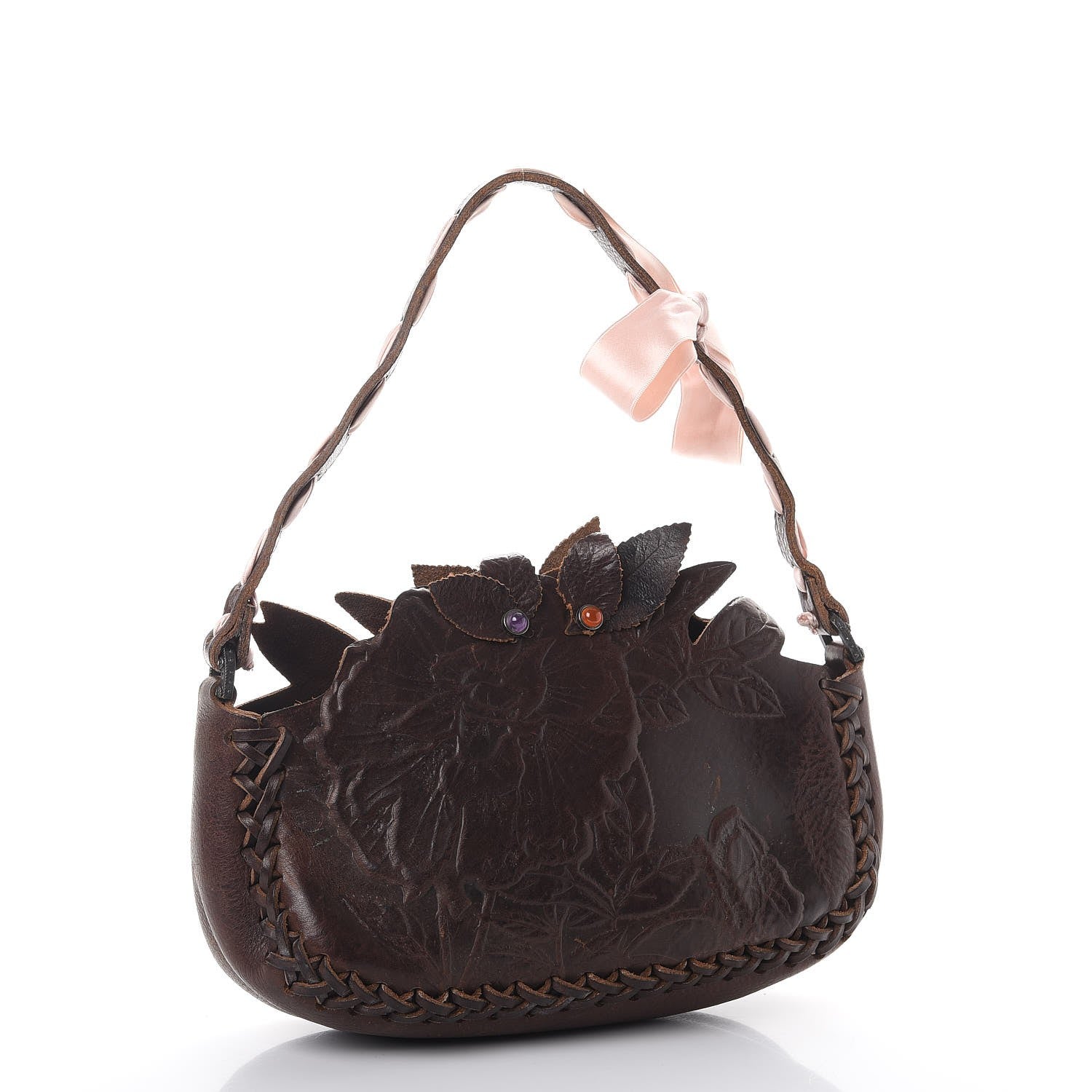 Valentino Garavani Calfskin Braided Bow Flower Floral Shoulder Bag Brown 3 of 10