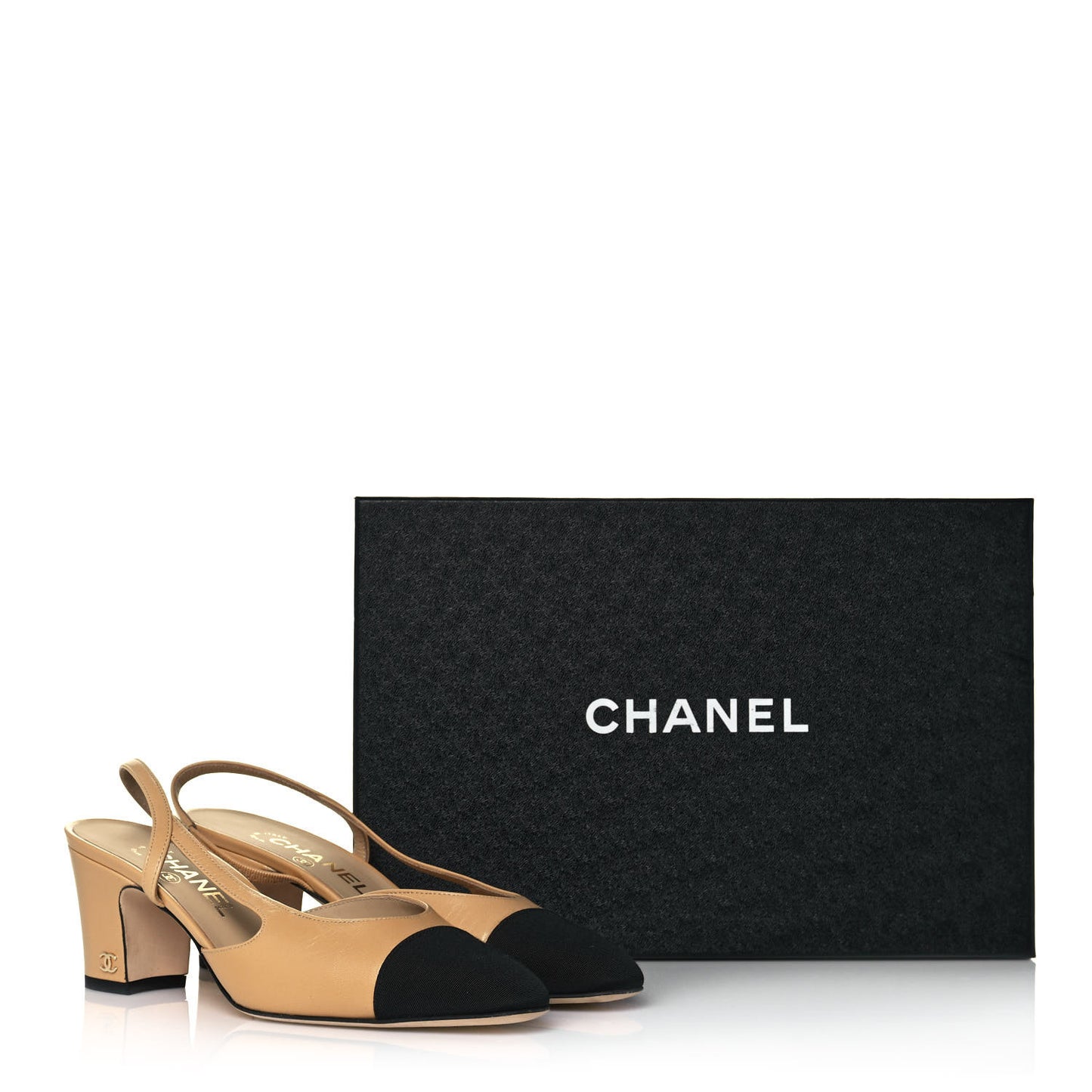 Goatskin Grosgrain Cap Toe CC Slingback Pumps 37 Beige Black