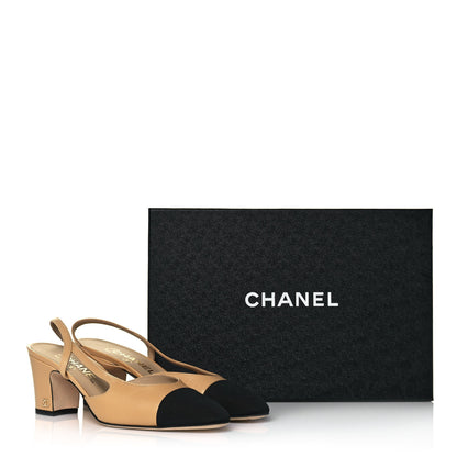 Chanel Goatskin Grosgrain Cap Toe CC Slingback Pumps 37 Beige Black 9 of 9