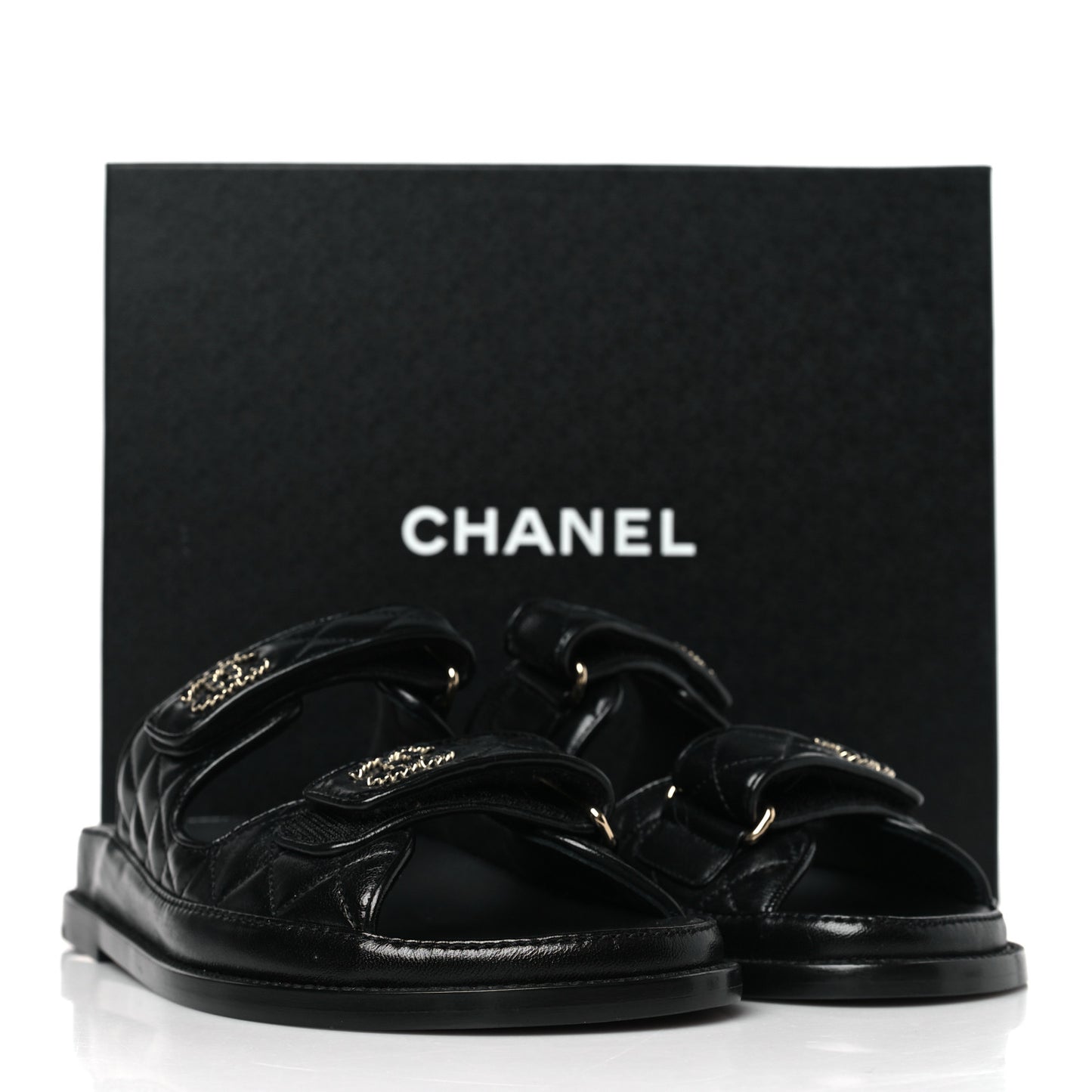 Lambskin Quilted Velcro Dad Chain CC Slide Sandals 38 Black