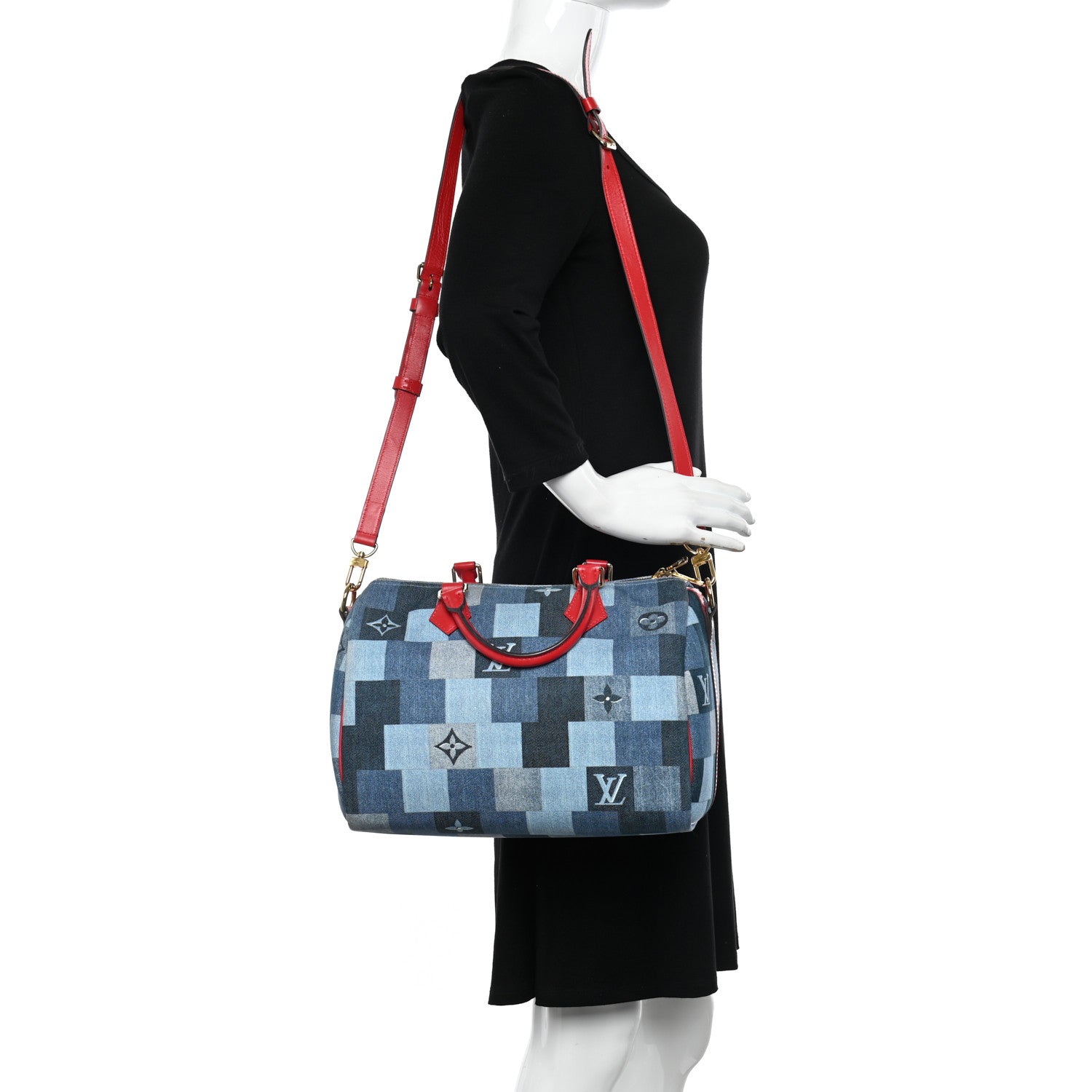 Louis Vuitton Denim Damier Monogram Patchwork Speedy Bandouliere 30 Blue Rouge 2 of 13