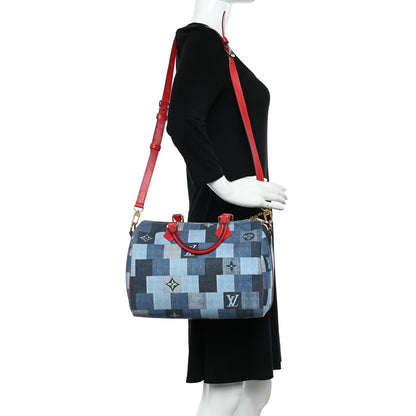 Louis Vuitton Denim Damier Monogram Patchwork Speedy Bandouliere 30 Blue Rouge 2 of 13