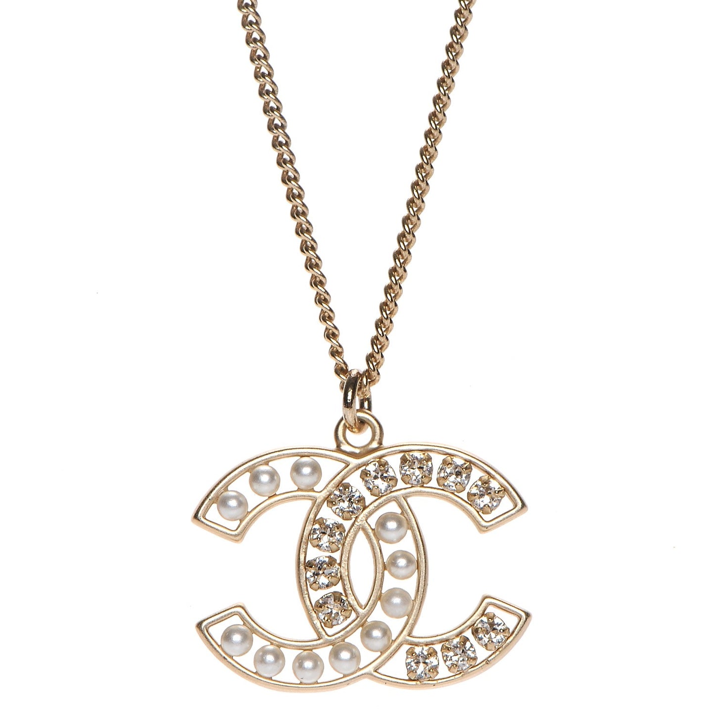 Crystal Pearl CC Pendant Necklace Gold