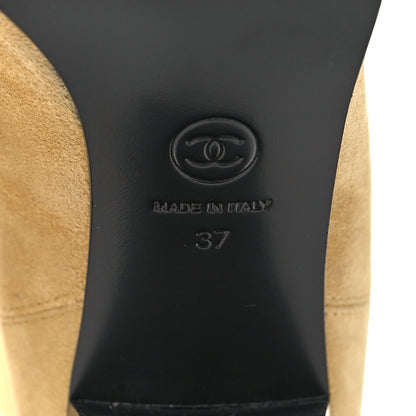 Chanel Suede Grosgrain Stitched CC High Boots 37 Beige Black 7 of 8