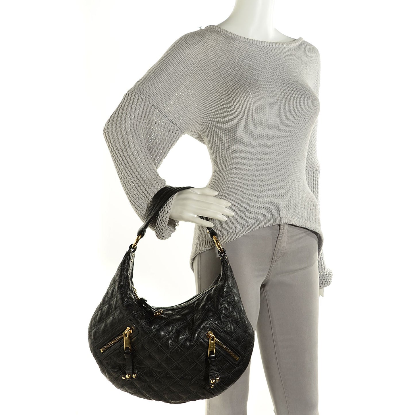 Leather Quilted Banana Hobo Black