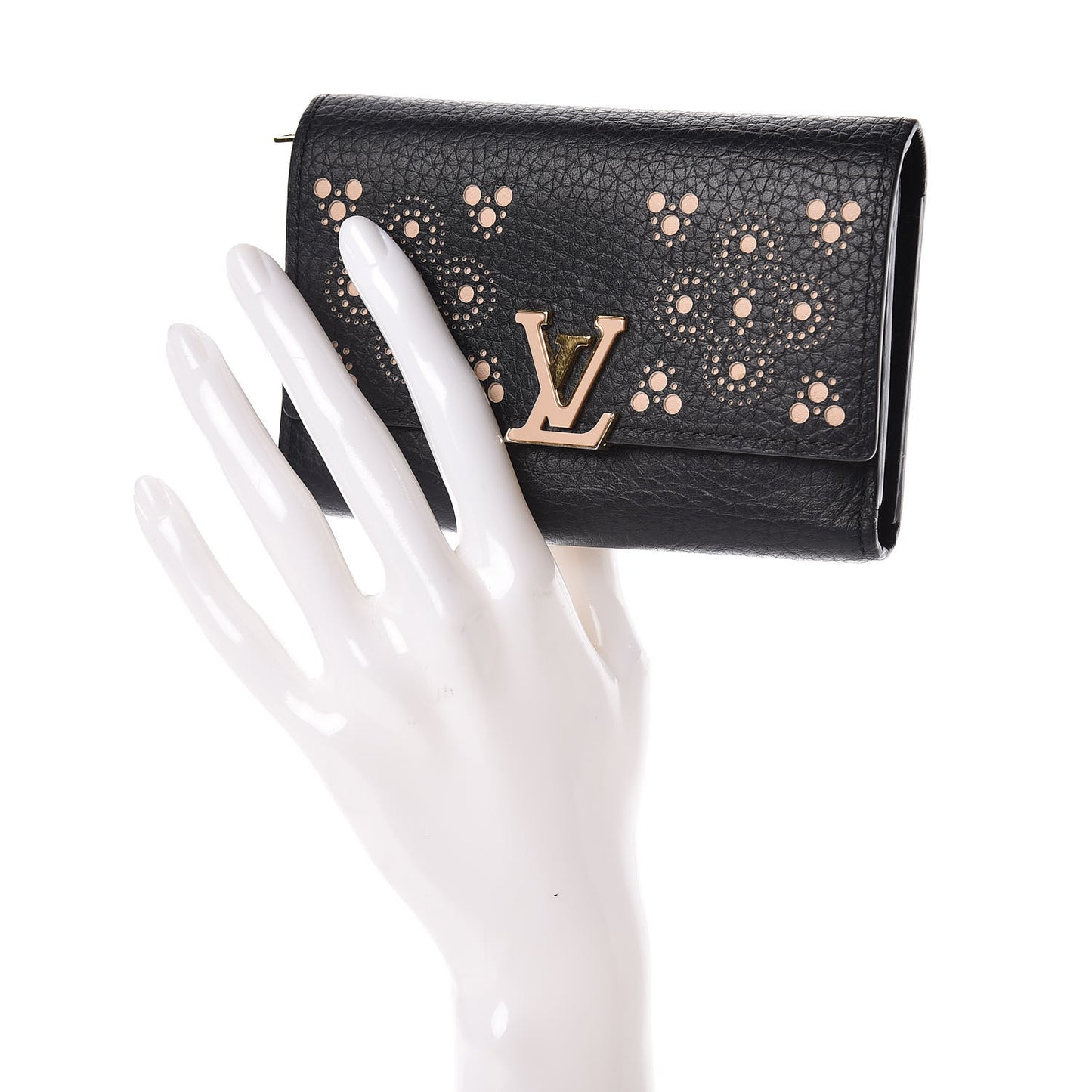 Taurillon Perforated Capucines Compact Wallet Black