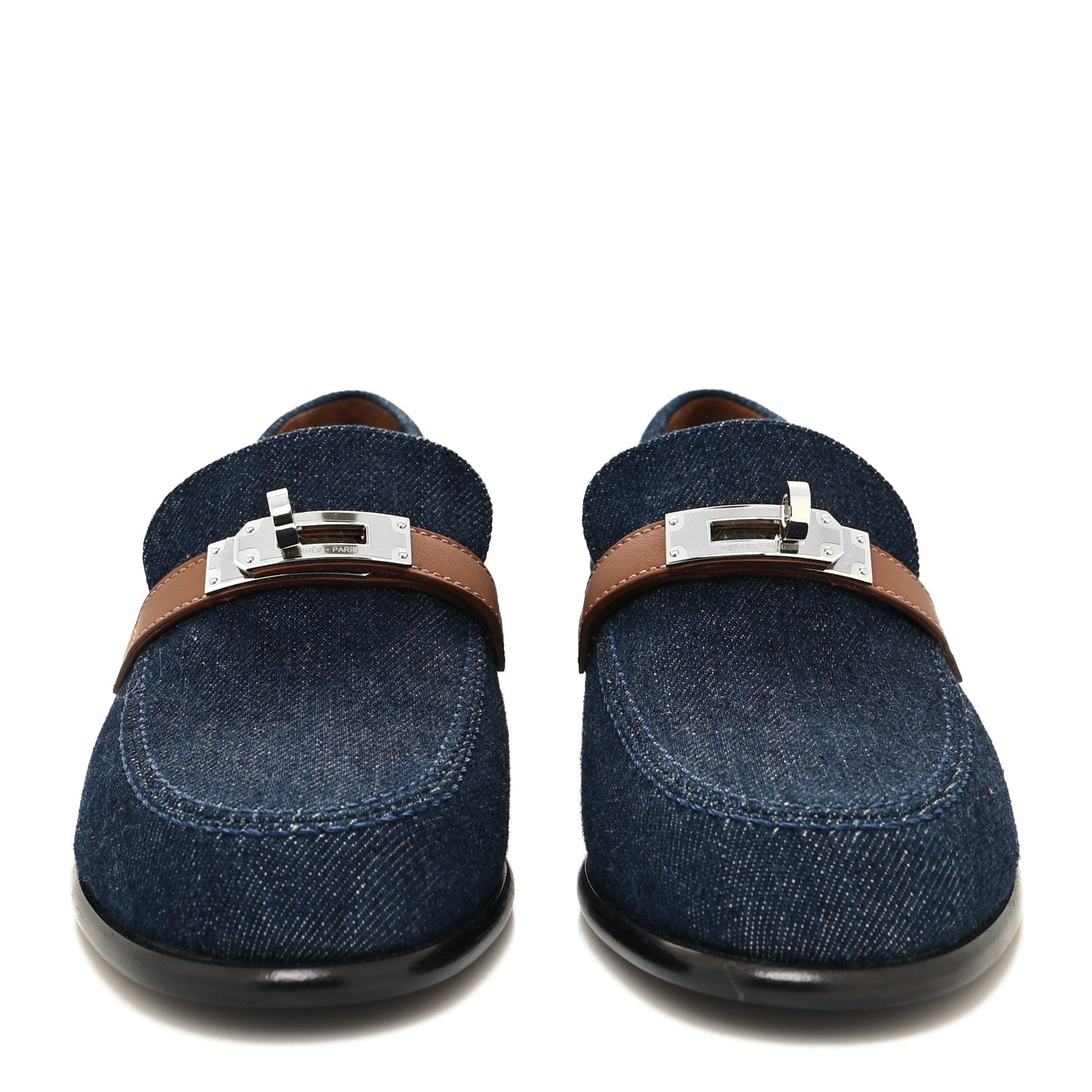 Hermes Denim Canvas Calfskin Womens Destin Loafer 36 Bleu Brut Gold 2 of 9