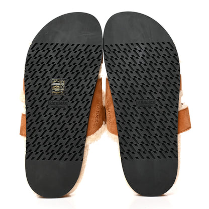 Hermes Suede Goatskin Woolskin Womens Chypre Sandals 38 Golden Beige 5 of 8