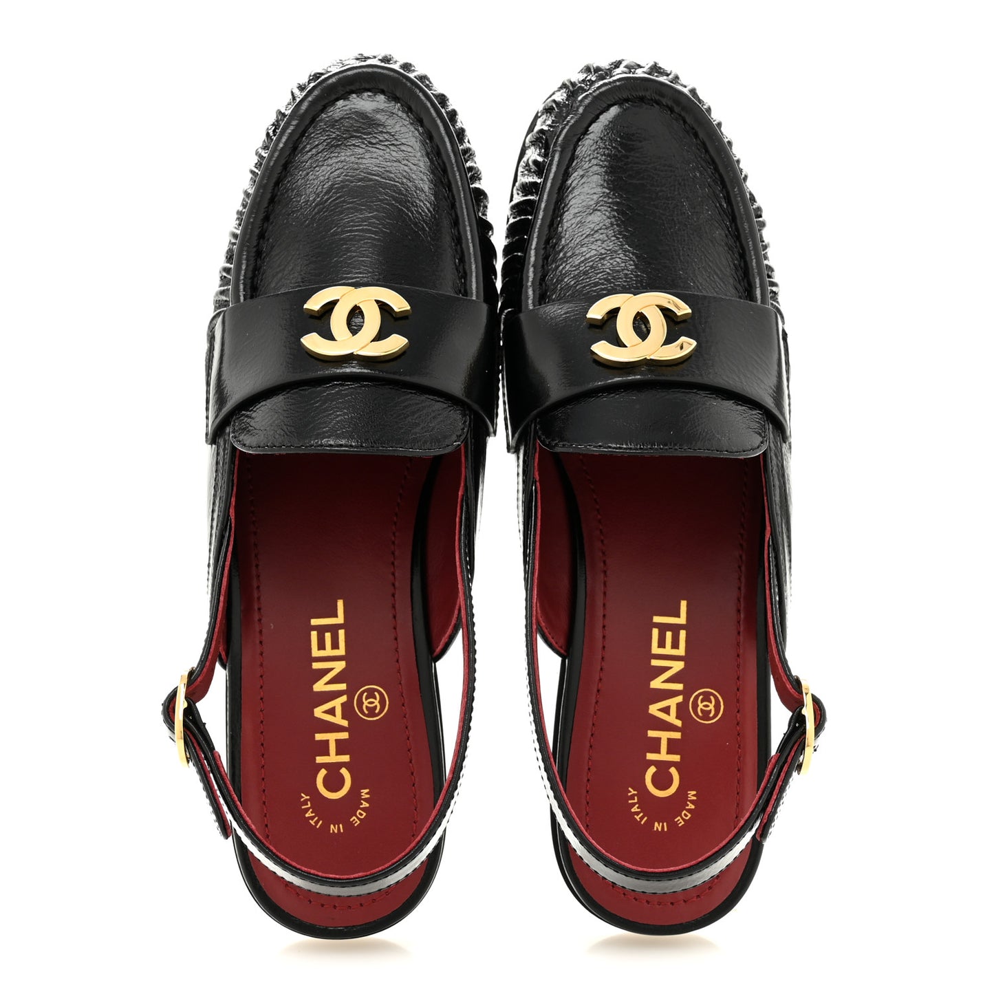 Crumpled Shiny Lambskin CC Slingback Mocassins 38 Black