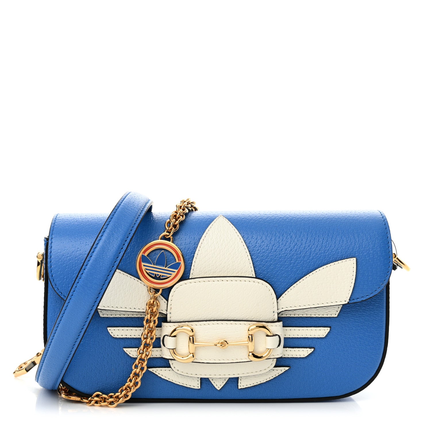 Gucci X ADIDAS Textured Dollar Calfskin Web Trefoil Mini Horsebit 1955 Shoulder Bag Blue Off Blue Off White Multi 1 of 10