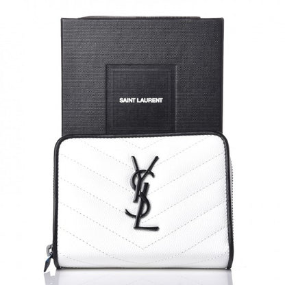 Saint Laurent Grain De Poudre Matelasse Chevron Monogram Compact Zip Around Wallet Optical White Black 8 of 8