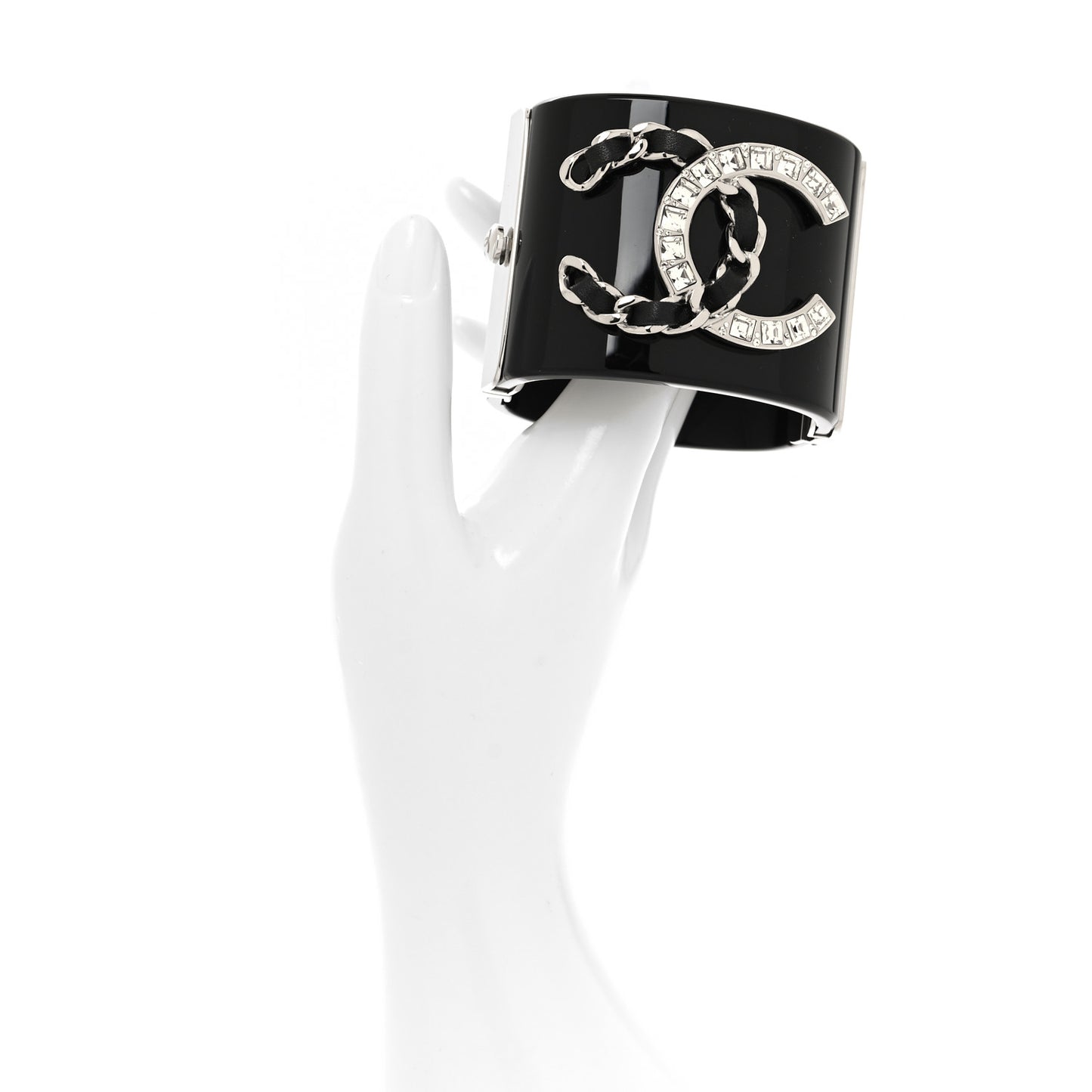 Resin Lambskin Baguette Crystal CC Chain Cuff Bracelet S Black