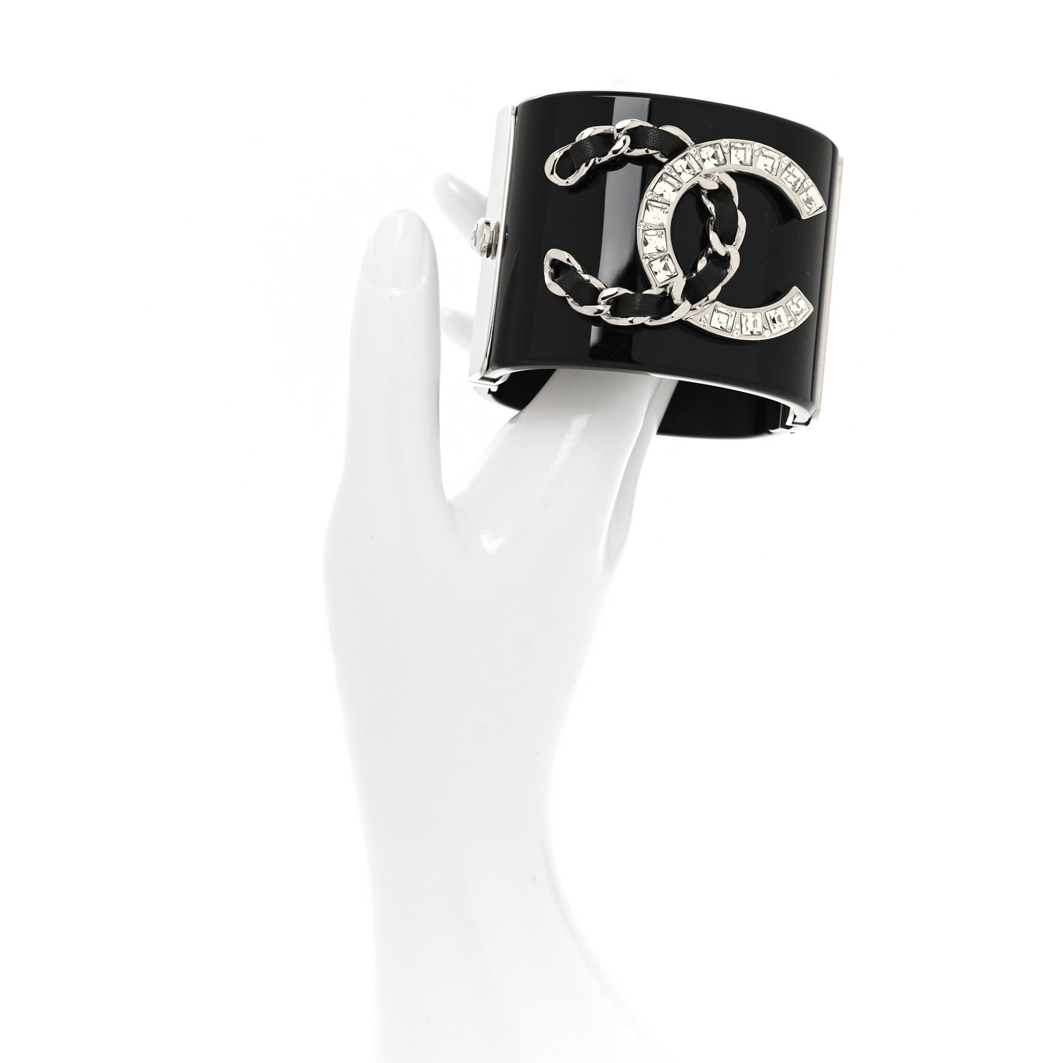 Chanel Resin Lambskin Baguette Crystal CC Chain Cuff Bracelet S Black 2 of 5