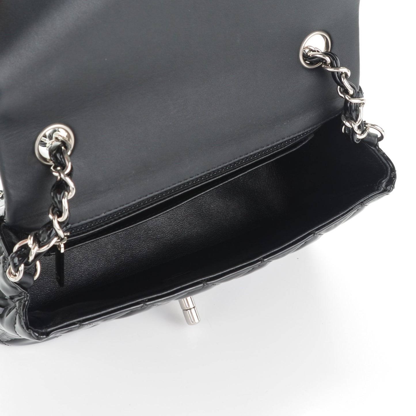Patent Calfskin Quilted Mini Rectangular Flap Black