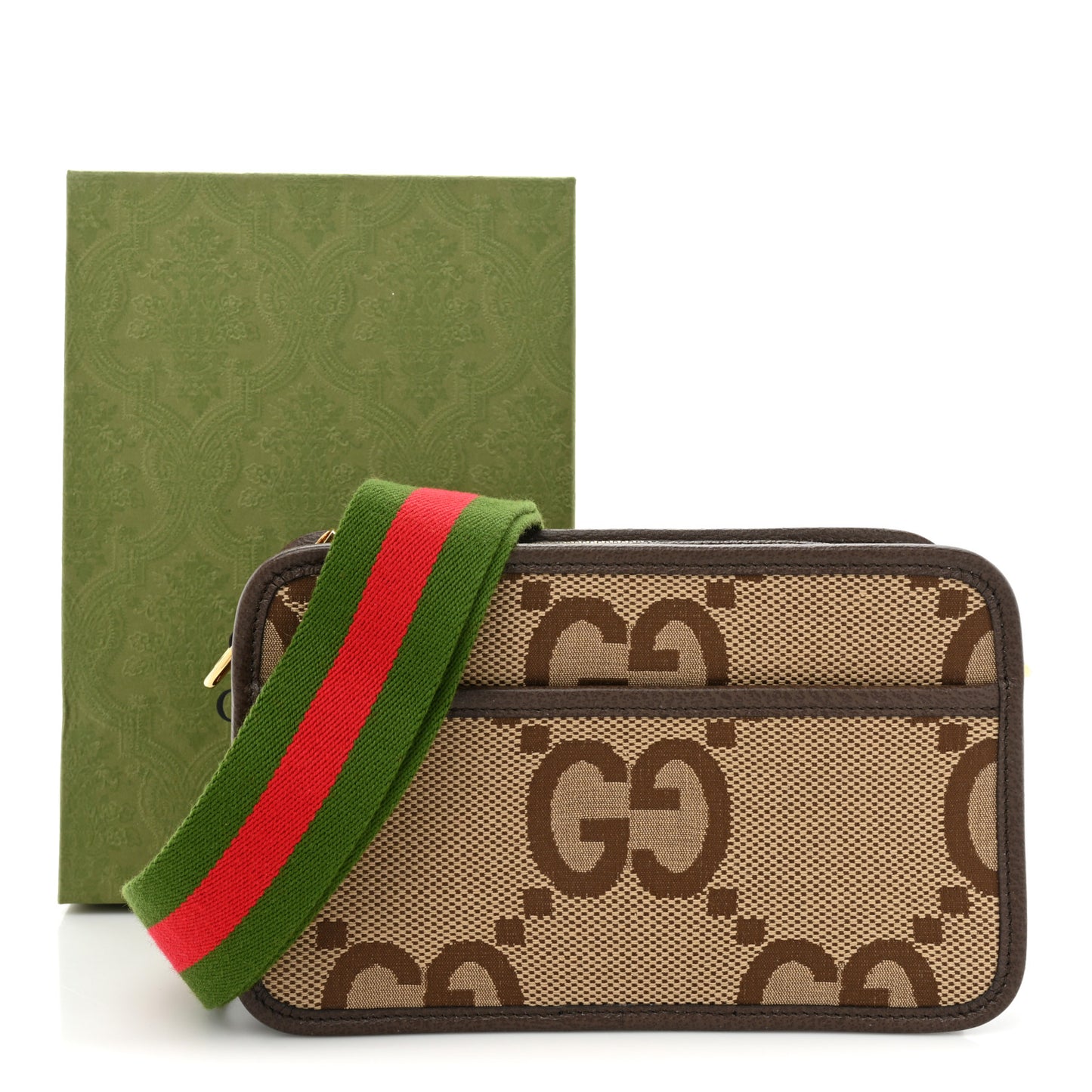 Monogram Jumbo GG Textured Dollar Calfskin Web Mini Crossbody Bag Camel Ebony New Acero