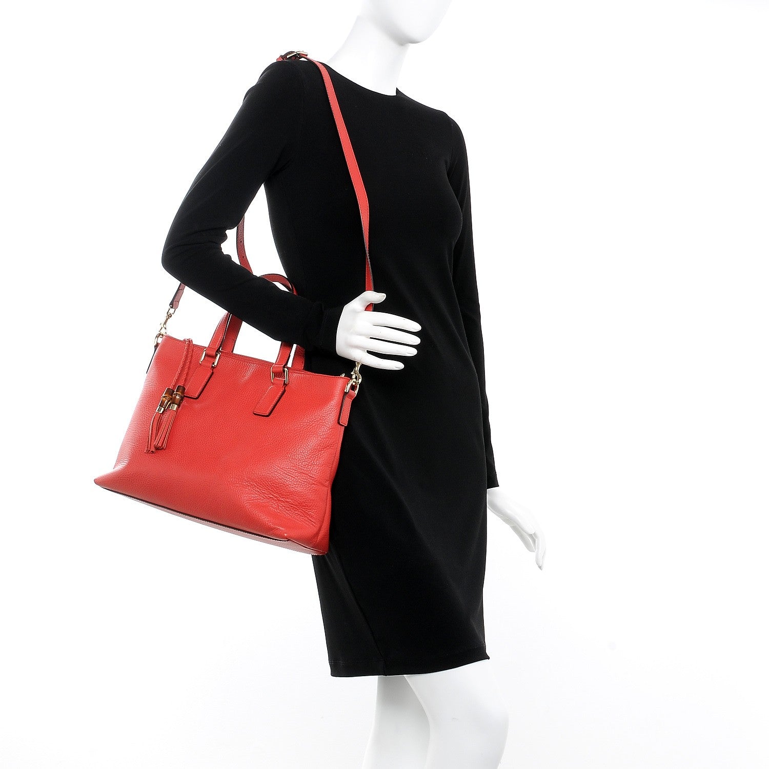 Gucci Calfskin Bamboo Tassel Top Handle Tote Red 2 of 8