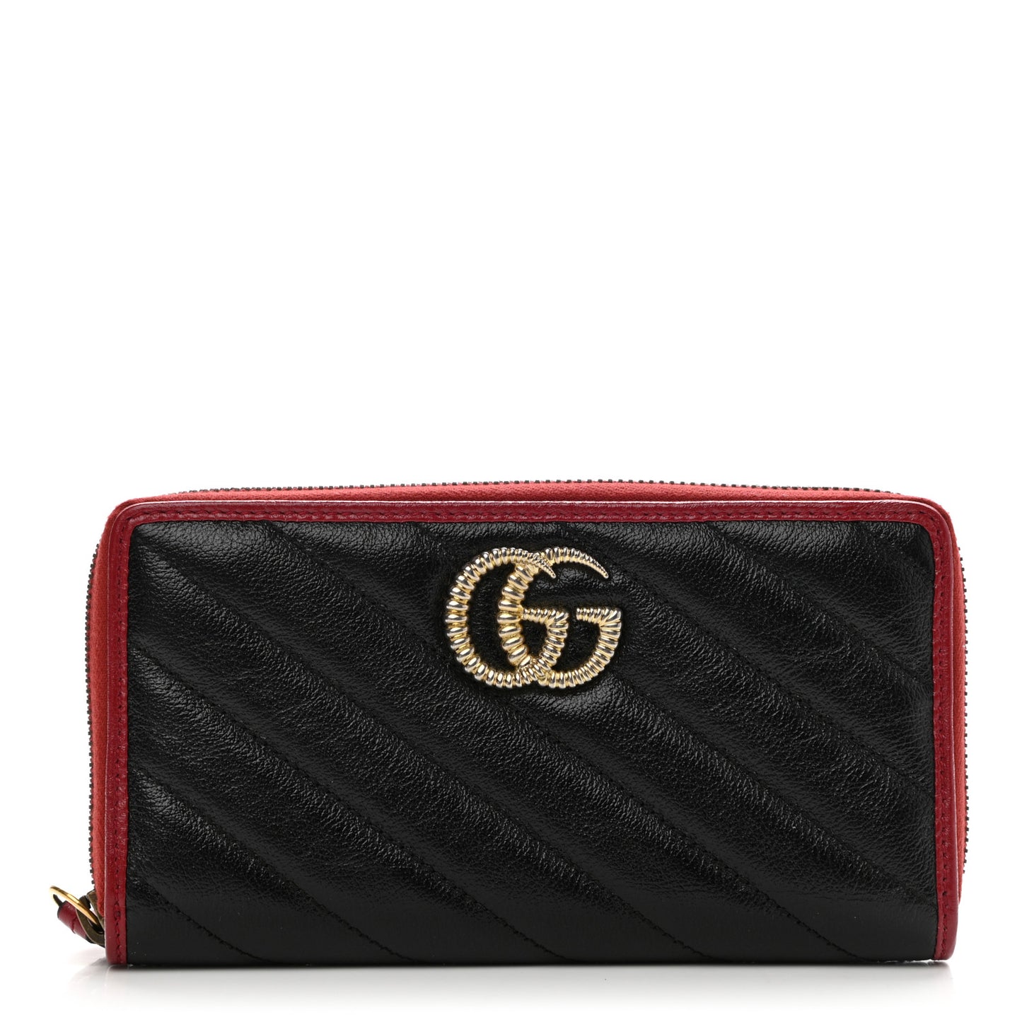 Vintage Effect Calfskin Matelasse Diagonal Torchon GG Marmont Zip Around Wallet Black Romantic Cherry