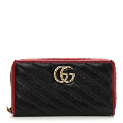 Gucci Vintage Effect Calfskin Matelasse Diagonal Torchon GG Marmont Zip Around Wallet Black Romantic Cherry 1 of 8