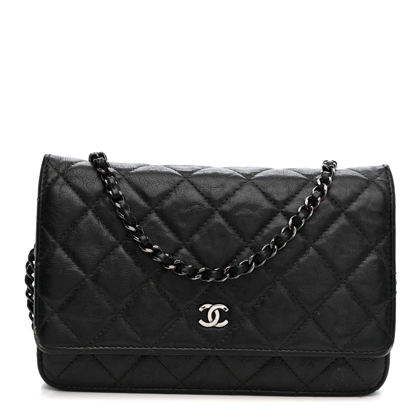 Crumpled Calfskin Quilted Wallet On Chain WOC So Black