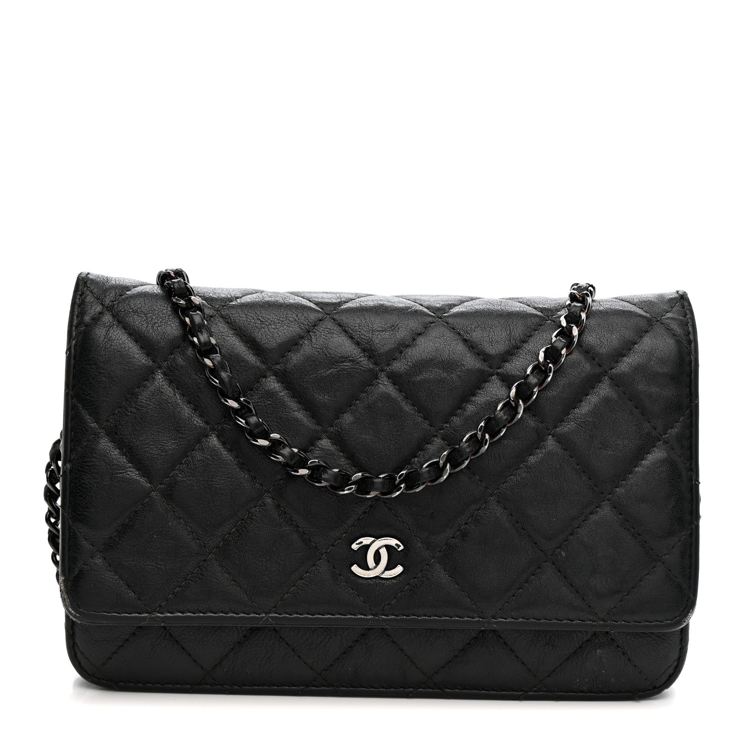 Chanel Crumpled Calfskin Quilted Wallet On Chain WOC So Black 1 of 17