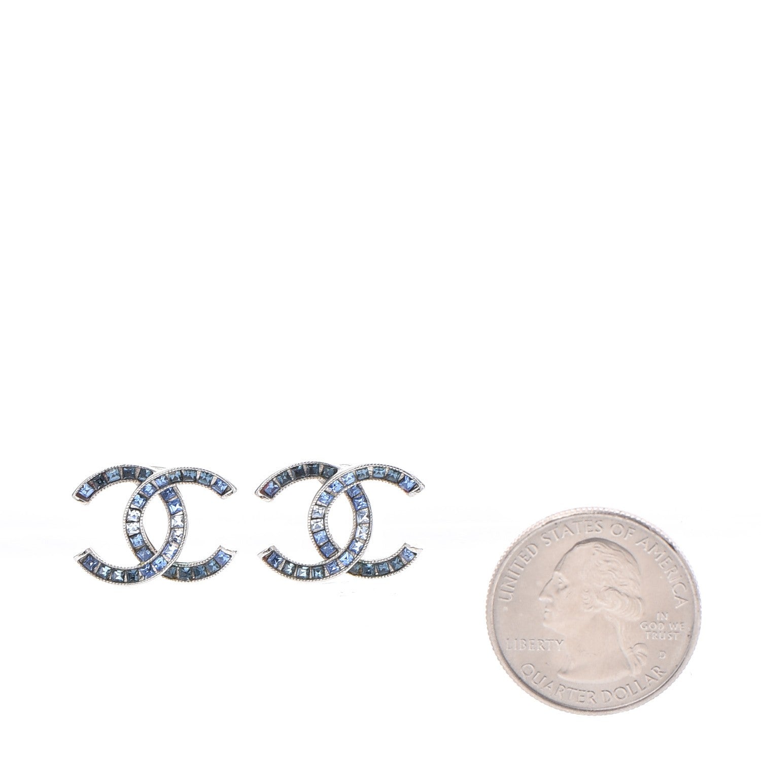 Chanel Baguette Crystal CC Earrings Silver Blue 2 of 6