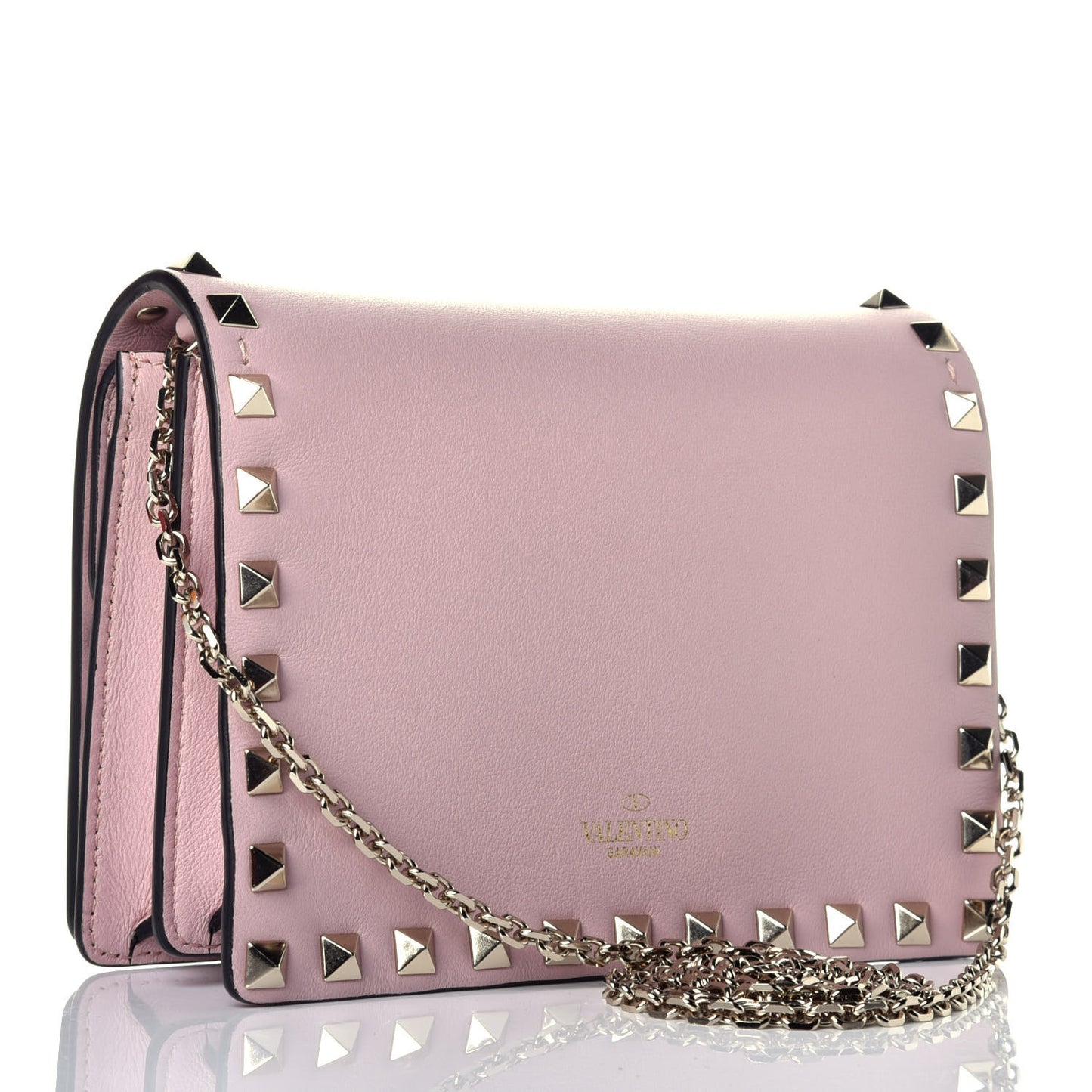 Calfskin Rockstud Wallet on Chain Water Rose