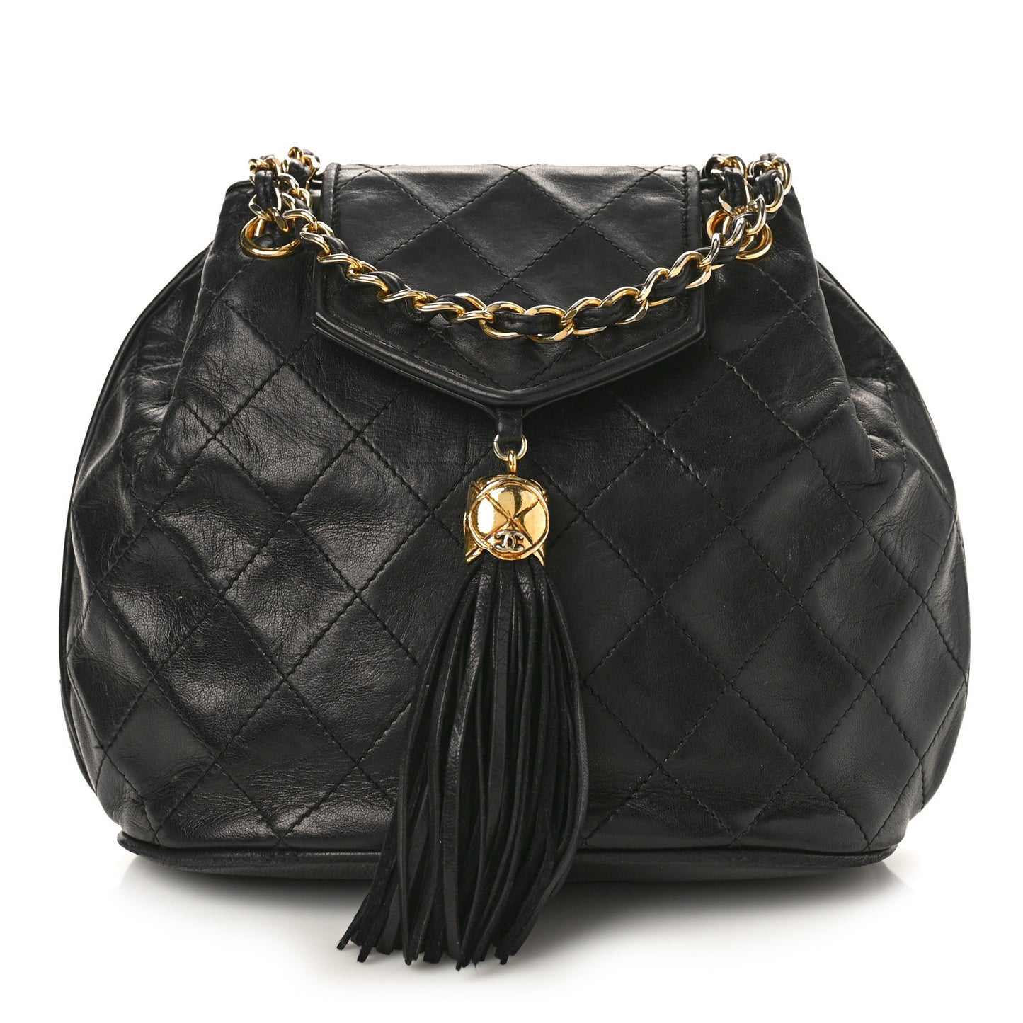 Lambskin Quilted Tassel Drawstring Black