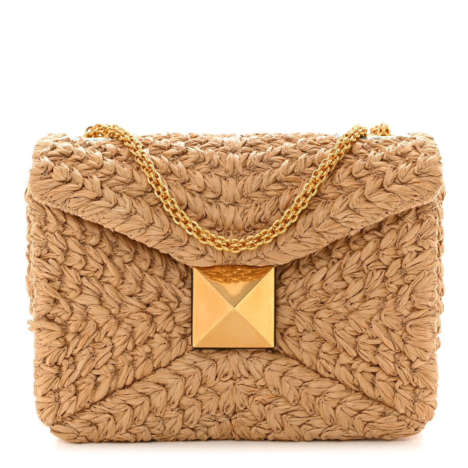 Valentino Garavani Raffia One Stud Chain Clutch Natural 1 of 9