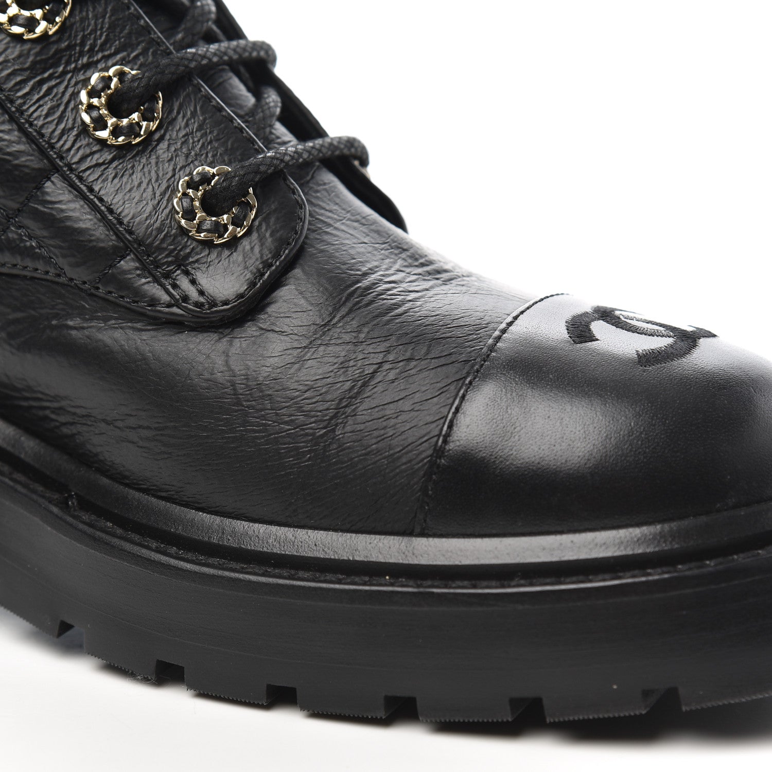 Chanel Shiny Goatskin Calfskin Quilted Lace Up Combat Boots 38 Black 10 of 17