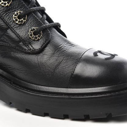 Chanel Shiny Goatskin Calfskin Quilted Lace Up Combat Boots 38 Black 10 of 17