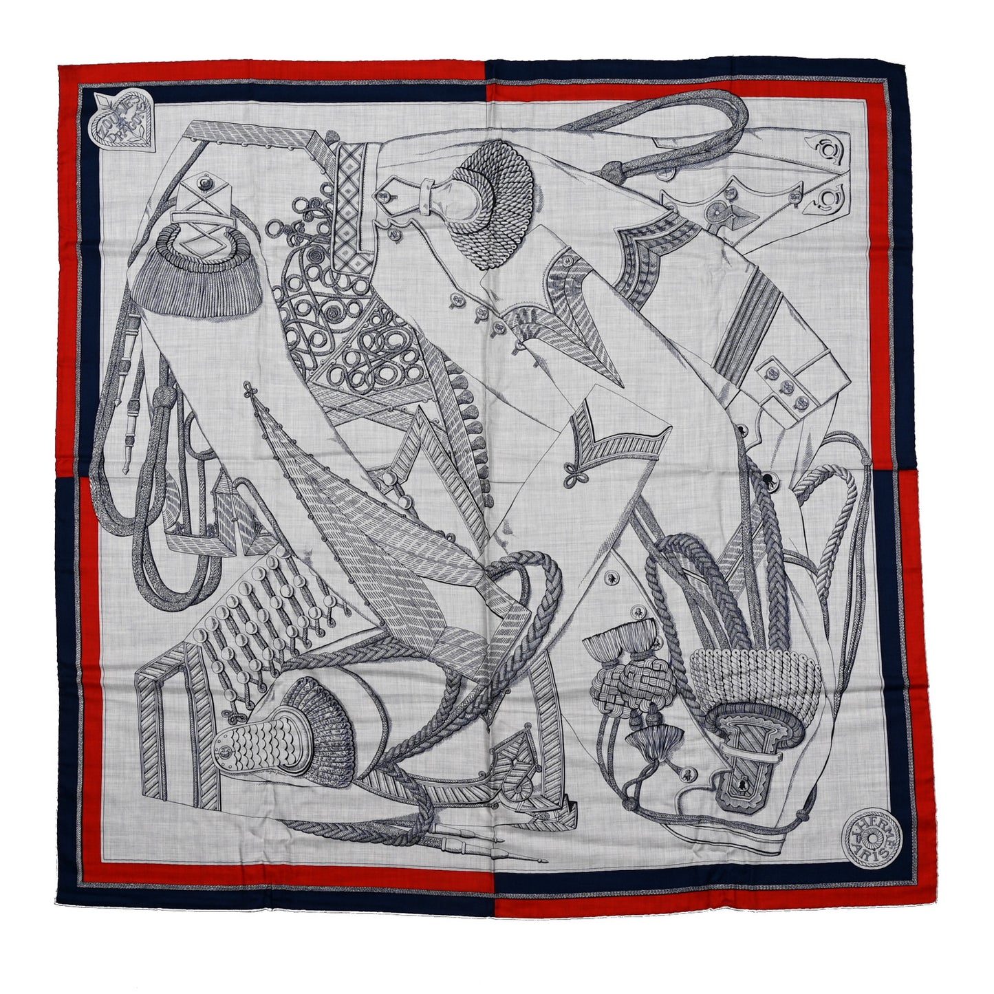 Cashmere Silk Zouaves Et Dragons Shawl 140 Gris Chine Marine