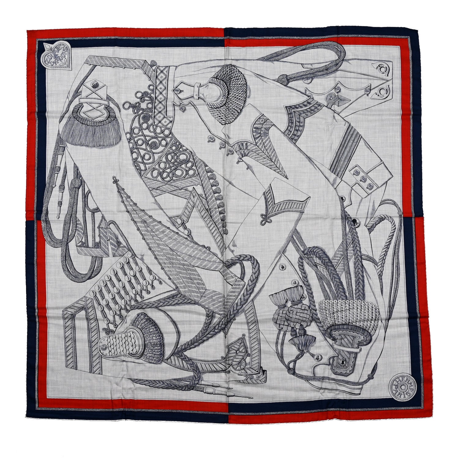 Hermes Cashmere Silk Zouaves Et Dragons Shawl 140 Gris Chine Marine 1 of 6